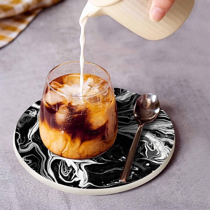 Black Artistic Graphic Dye Coasters for Drinks Office Coffee Table Monochrome Water Surface Art Fluid Ink Liquid Living Room Decor Set of 2 for Cold Drinks Wine Mugs and Cups 4 Inch