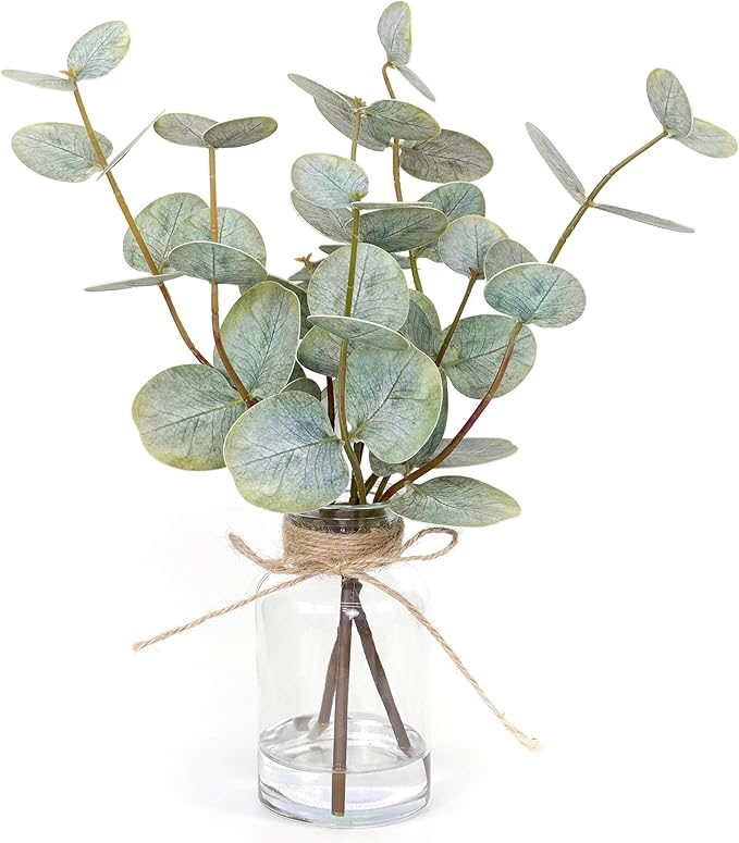 Artificial Eucalyptus Stems in Glass Vase with Faux Water,3Pcs Fake Plant with Double-Sided Green Leaves for Centerpiece(Double-Sided Green Eucalyptus)