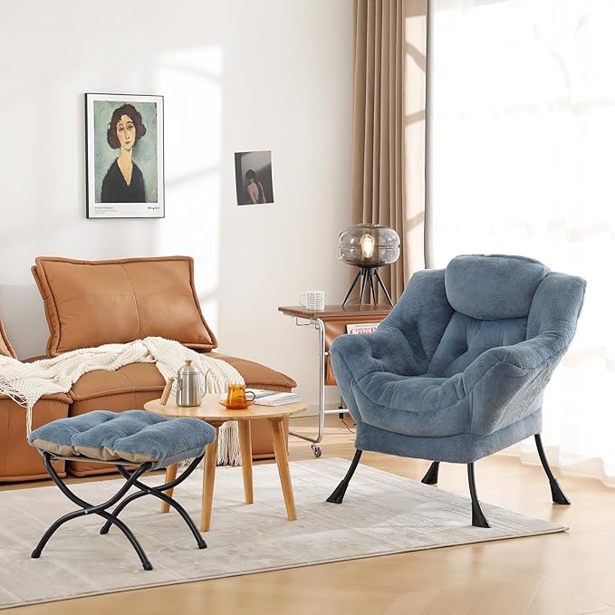 Cozy Lazy Chair and Ottoman, Large Contemporary Accent Lounge Chair Set, Leisure Upholstered Reading Armchair for Bedroom, Living Room, Dorm Rooms, Office