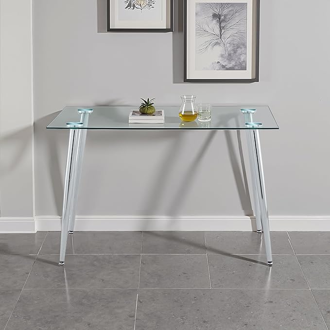 Dining Table for 6 Rectangular 47.2" Modern Glass Dining Table Kitchen & Dining Room Tables with Glass Tabletop and Metal Legs for Dining Room, Clear
