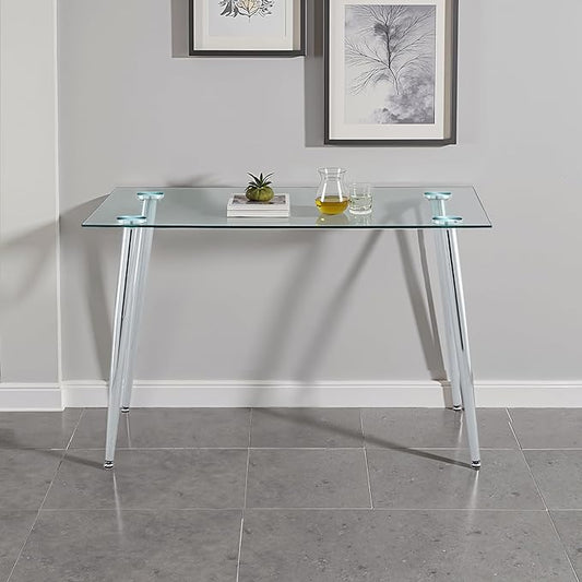 Dining Table for 6 Rectangular 47.2" Modern Glass Dining Table Kitchen & Dining Room Tables with Glass Tabletop and Metal Legs for Dining Room, Clear