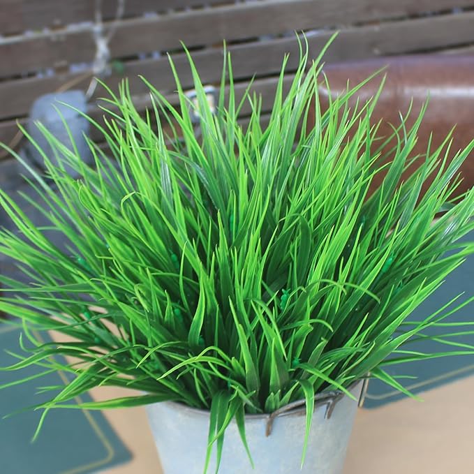 Faux Outdoor Plants 12 Bundles Artificial Boxwood Shrubs Grass Fake Greenery Green Plastic Leaf for Groud Planter Front Porch Patio Decor (12 Bundles Green Grass Plants)