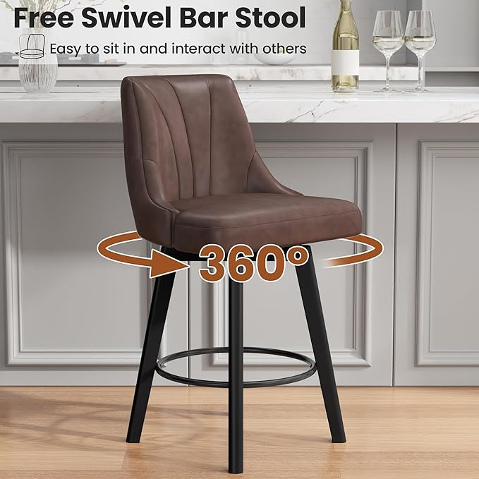 Counter Height Swivel Bar Stool, 24" Upholstered PU Leather Barstools, Counter Stool Chair with Back & Solid Wood Legs for Kitchen Island Dining Room (Brown)