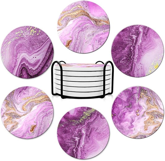 Dooke Coasters for Drinks, Round Absorbent Ceramic Stone Coasters Set of 6 with Cork Base, Funny Drink Coasters with Holder for Cold Drinks Wine Mugs and Cups Tabletop Protection, 4 Inches,Purple