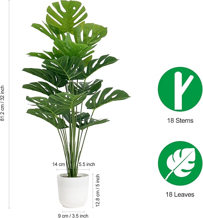 SAJANDAS Set of 2 Artificial Monstera Deliciosa Plants in Pots, Fake Tropical Trees with Greenery Leaves Stems, 32 Inch Faux Swiss Cheese Floor Plants for Home Porch, Garden, Office, Store Decor