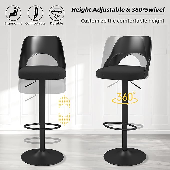 civama Bar Stools Set of 6 for Kitchen Counter, Seat Height Adjustable 25''-33'', Modern Upholstered Swivel Island Chairs with Hollow Backrest Metal Base, Black