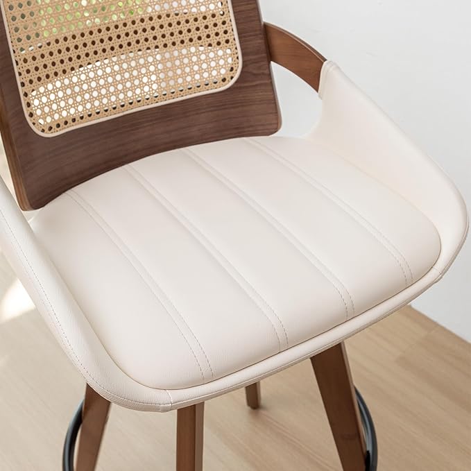 Set of 2 Mid Century Modern Counter Stools - 26.4 inch Rattan Swivel Counter Stools with Cane Back, Upholstered Faux Leather, Walnut Craftsmanship, Ideal for Island/Pub/Kitchen(26" Seat Height, Beige)