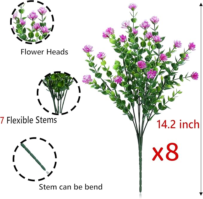 SITUMEIZI 8 Bundles Artificial Flowers Outdoor Fake Flower Plastic UV Resistant Shrubs Greenery Plants Hanging Decorations Garden Porch Window Box Farmhouse Outside Summer Indoor Decor(Fuchsia)