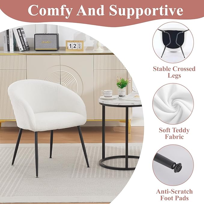 Modern Small Accent Chair, Comfy Sherpa Makeup Vanity Chair with Metal Legs, Decorative Chair no Wheels for Living Room, Dressing Room, Bedroom, White