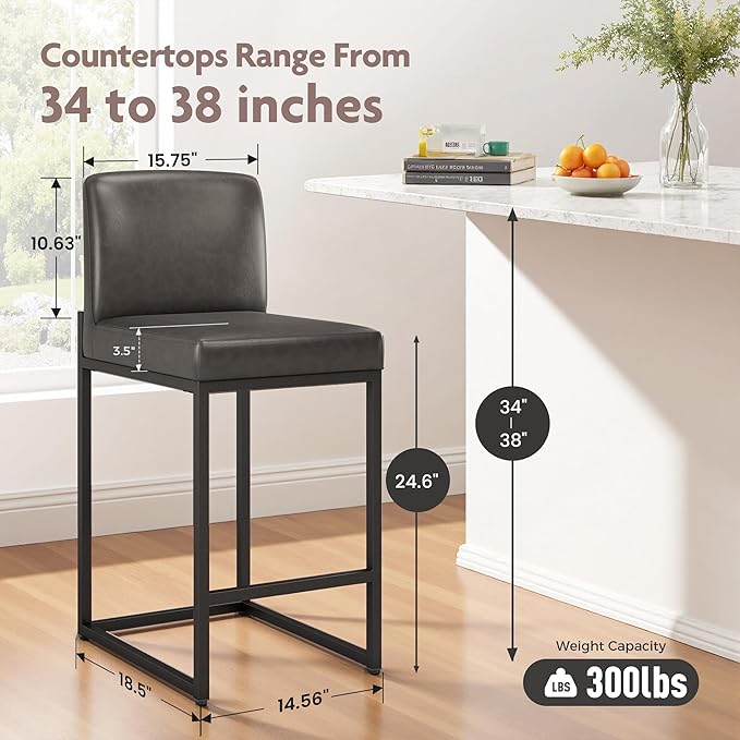 ALPHA HOME 24 Inch Bar Stools Set of 4 Kitchen Counter Stools with Back Pu Leather Counter Chair Counter Height Bar Stools with Upholstered Footrest Sturdy Chromed Metal Steel Frame, Grey