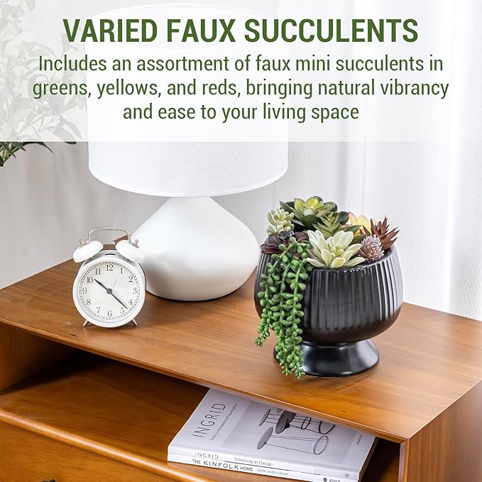 MyGift 8 Inch Modern Green Artificial Succulent Arrangement Potted in Matte Black Fluted Ceramic Round Planter, Decorative Plant Pot with Assorted Faux Mini Succulents