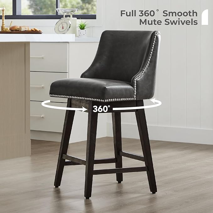CHITA Counter Height Swivel Bar Stools Set of 4, FSC Certified Upholstered Counter Stools, Modern Swivel Barstools with Wood Legs for Kitchen Island, 26" Seat Height, Faux Leather in Retro Grey