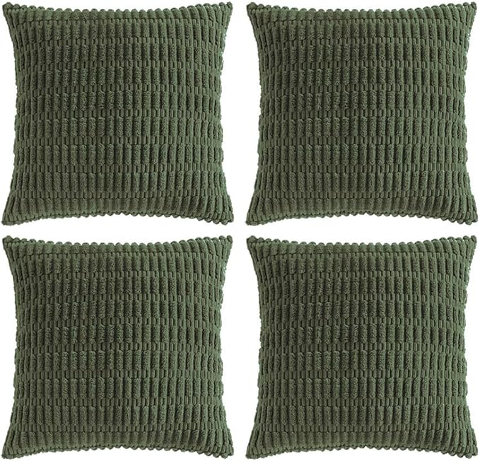 Fancy Homi 4 Packs Boho Olive Green Decorative Throw Pillow Covers 22x22 Inch for Couch Bed Sofa, Rustic Modern Farmhouse Home Decor, Soft Plush Corduroy Cute Square Cushion Case 55x55 cm