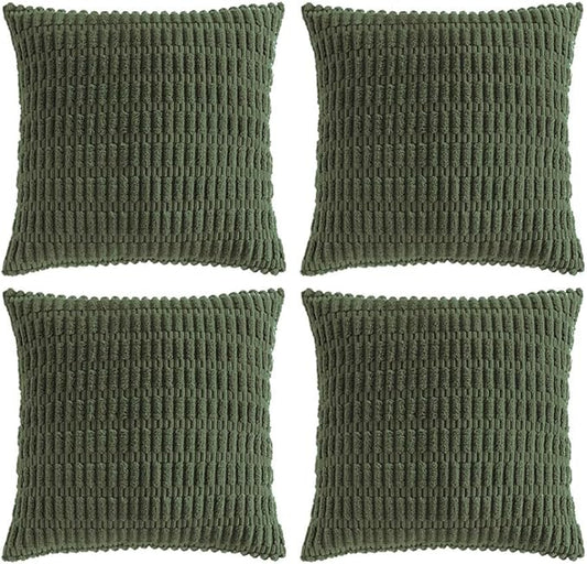 Fancy Homi 4 Packs Boho Olive Green Decorative Throw Pillow Covers 22x22 Inch for Couch Bed Sofa, Rustic Modern Farmhouse Home Decor, Soft Plush Corduroy Cute Square Cushion Case 55x55 cm