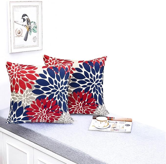 Decorative Throw Pillow Covers Set of 2 Red Blue Pillow Covers 18x18 Inch Couch Pillow Covers for Sofa Living Room Outdoor Throw Pillow Cover Linen Floral Flower Farmhouse Pillowcase