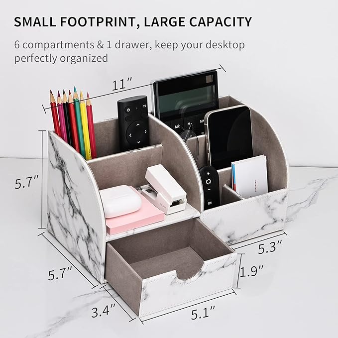 KINGFOM Pu Leather Desk Organizer Pen Pencil Holder Office Supplies Caddy Storage Box 6 Compartments with Drawer Gray Marble