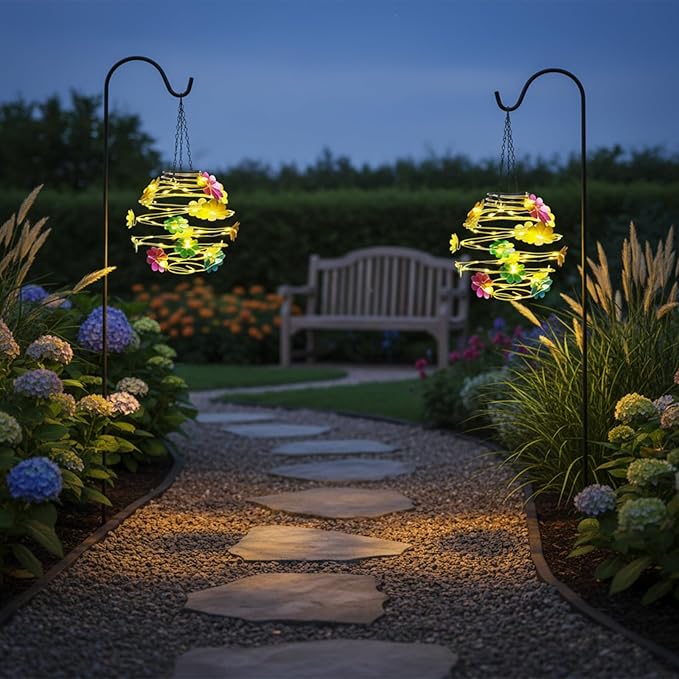 2 Pack Solar Lanterns Outdoor Waterproof , 30LED Hanging Lights with Flower Patterns for Garden Patio Yard Decor, Gift for Grandma Gardeners Women