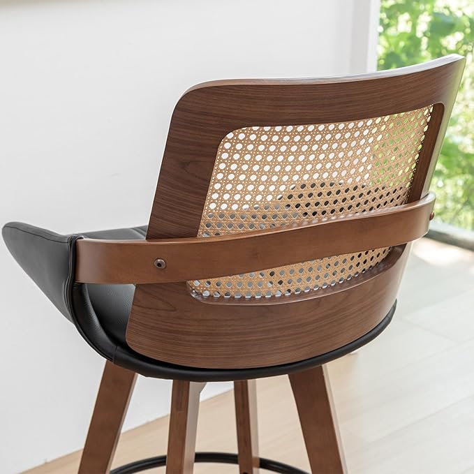 Mid Century Modern Counter Stools - 26.4 inch Swivel Rattan bar stools with Cane Back, Upholstered Faux Leather, Walnut Craftsmanship (Walnut Black, Set of 1)