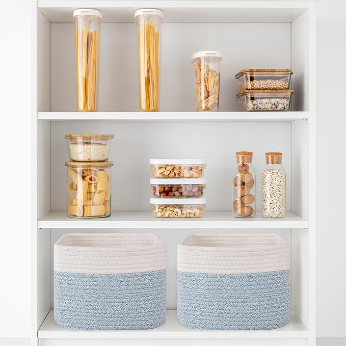 OIAHOMY 9”x9”x7” Storage Cubes, Cotton Rope Woven Baskets for Organizing, Cube Storage Bin, Small Gift Basket for Shelf, 3-Pack, Blue&White