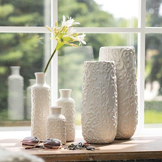 Sullivans Small White Embossed Ceramic Vase Set of 3, Matte Finish, Vases for Decor Modern Home Centerpieces, Mantle Tabletop for Living Room, Bedroom, Kitchen, Entryway Decor