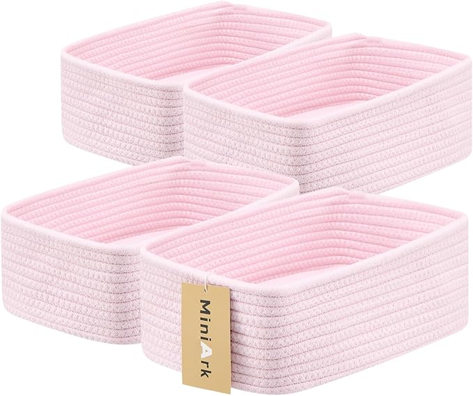 Small Storage Baskets for Organizing | Closet Organizer Bins | Shelf Toy Basket | Woven Rope Baskets | Cube Decorative Box | Shallow Basket | 11.5x7.5x4.7” | 4 Packs Light Pink