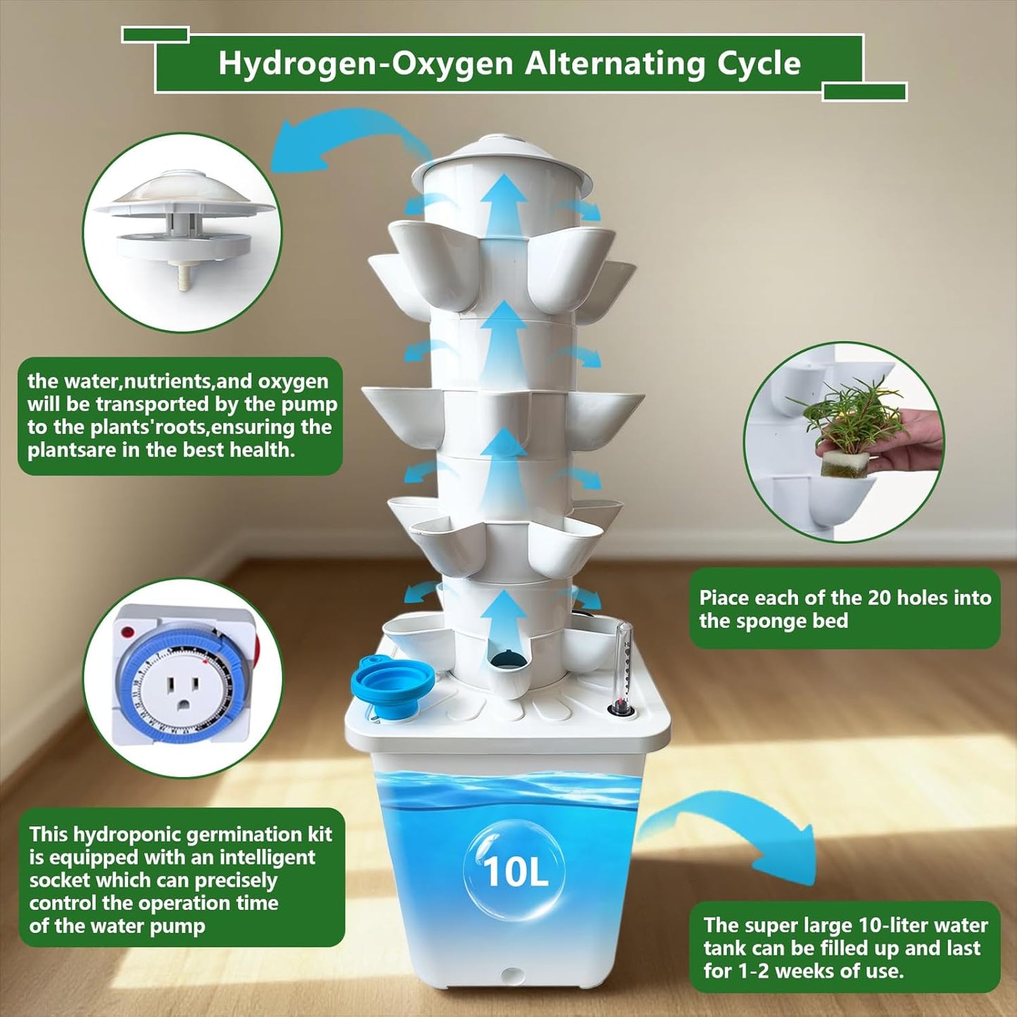 20 Plants Hydroponic Tower, Hydroponics Growing System Tower, Hydroponics Tower with Timer Automatic Watering, Vertical Hydroponic Tower, Planter Germination Kit for Herbs Vegetables Fruits