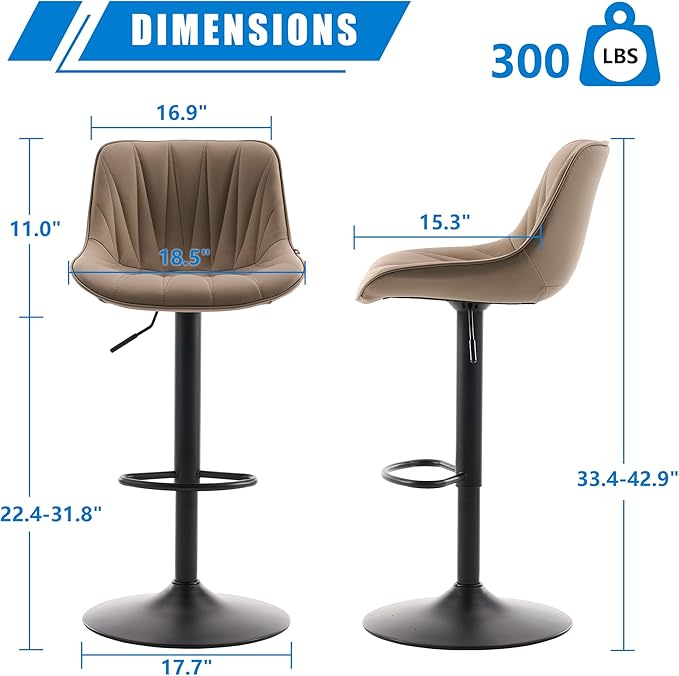 YOUNIKE Bar Stools Set of 2 for Kitchen Island, Khaki Swivel Tall Barstools, Adjustable Bar Stool with Back, Faux Leather Padded Bar Chairs, Modern Counter Height Stools with 300LBS Support