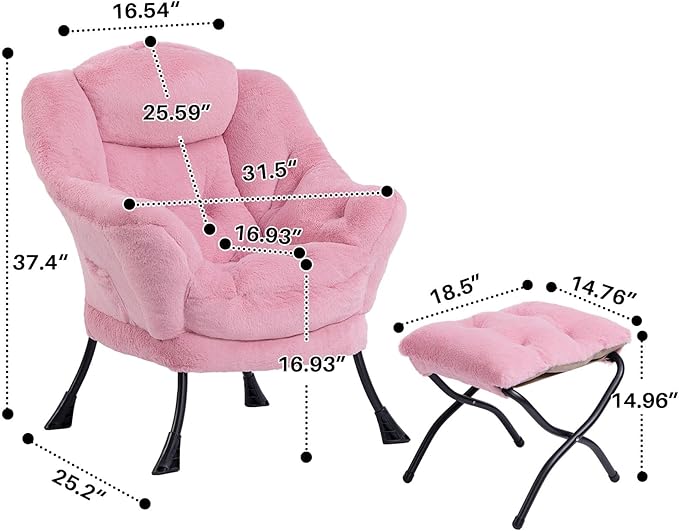 HollyHOME Fabric Lazy Chair with Foldable Ottoman, Accent Comfy Lounge Arm Chair and Folding Footrest Stool Set, Leisure Sofa Reading Chair and Footstool for Living Room, Bedroom, Dorm, Pink