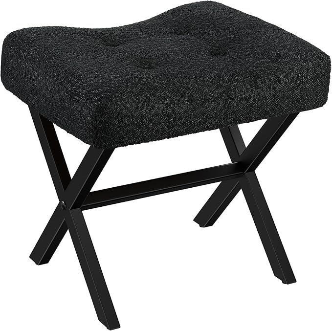 18-Inch Large Vanity Stool Chair, Vanity Bench with Metal X-Legs, Ottoman Accent Stool with Breathable and Soft Boucle Fabric Saddle Seat, Black