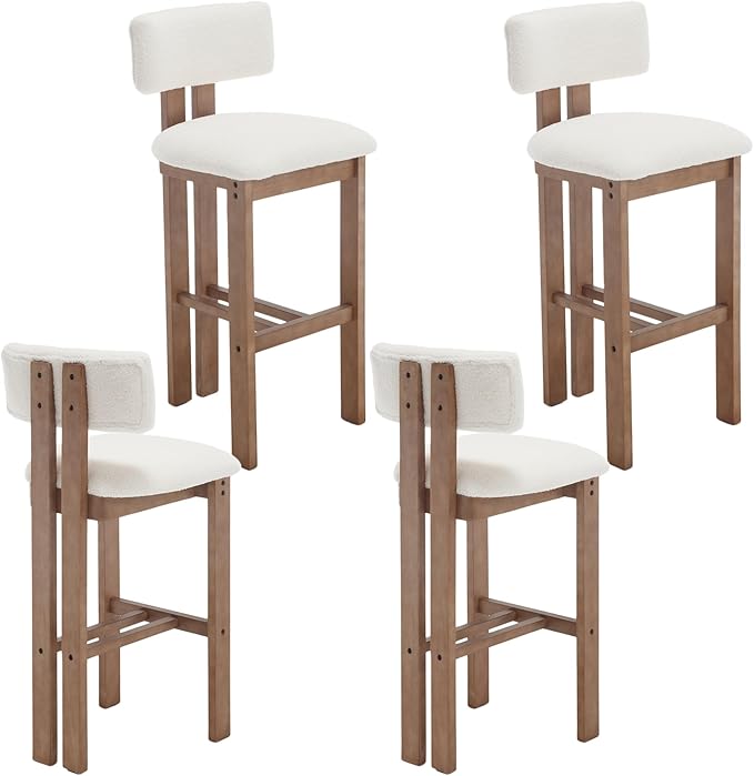 Upholstered Farmhouse Bar Height Bar Stools Set of 4 White Sherpa Barstools with Back/Solid Wood Legs, Modern Tall Bar Chairs for Kitchen Island/Home Bar/Pub, 30 Inch