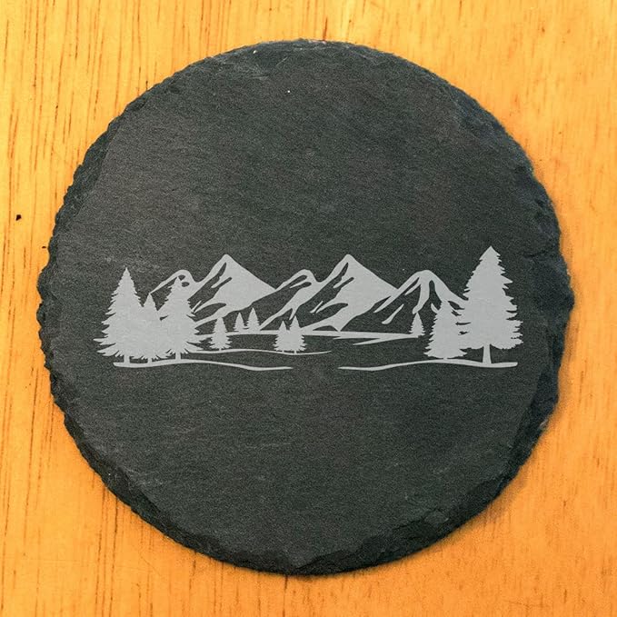Mountain Majesty Slate Coasters with Stunning Mountain Scene Design - Perfect for Home and Office Decor and Protection of Surfaces, Available in Square or Round Coasters - Round Slate - Set of 6
