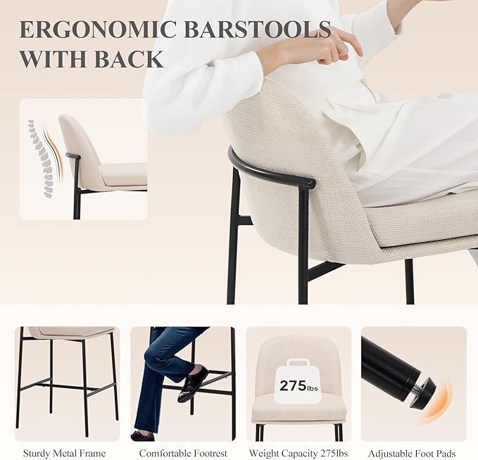 COLAMY Counter Height Bar Stools Set of 4, 25 Inch Modern Fabric Kitchen Island Stools with Back, Upholstered Counter Barstools Armless Bar Chairs with Metal Legs for Island Dining Room Bar, Beige