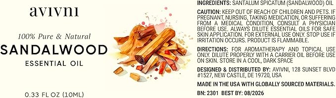 Australian Sandalwood Essential Oil - 100% Pure & Natural, Organic, Undiluted for Aromatherapy, Hair, Diffuser (0.33oz - 10ml)