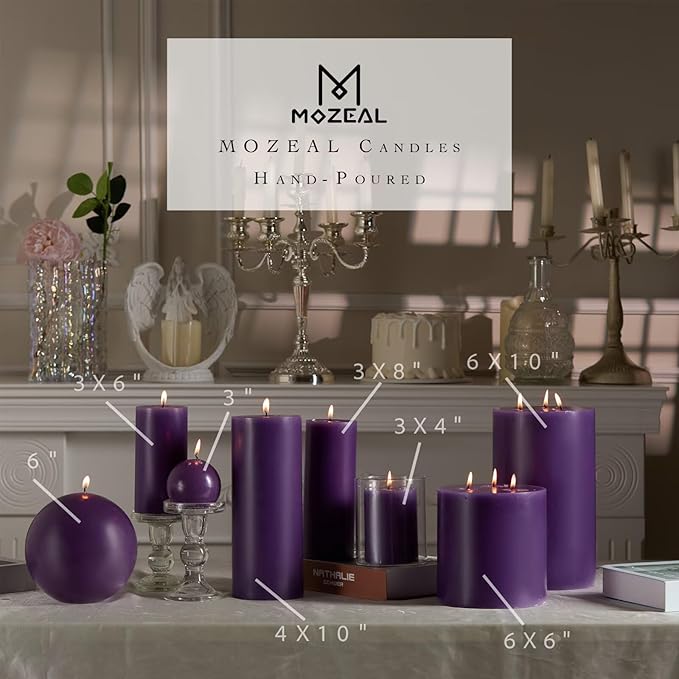 MOZEAL Hand-Poured, 3 Inch Purple Round Ball Candles - Elegant Purple Round Pillar Candles Set of 3, Dripless, Unscented, Smokeless, Ideal for Spring Celebrations.