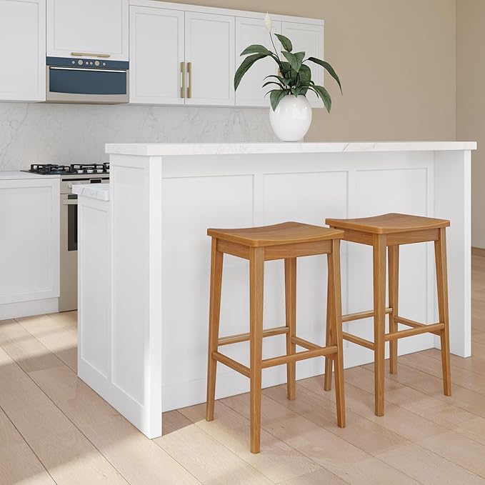 Plank+Beam Smythe Bar Stool, Set of 2, 30", Sturdy Wood Modern Kitchen Bar Height Stool, Saddle Seat Backless Bar Chair, Metal Footrest, Pecan