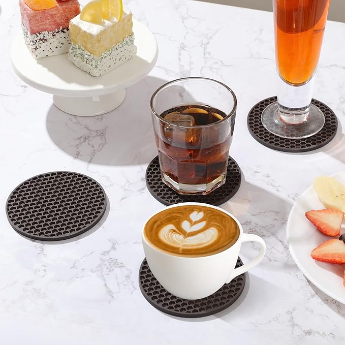 Silicone Coasters Set of 12 with Holder,Coasters for Drinks,Beer,Coffee Coasters,Suitable for Kinds Cups,Hot or Cold,Anti-SLI,Non-Stick,Anti-Overflow Tabletop Protection and Decor (12 Pcs, Coffee)
