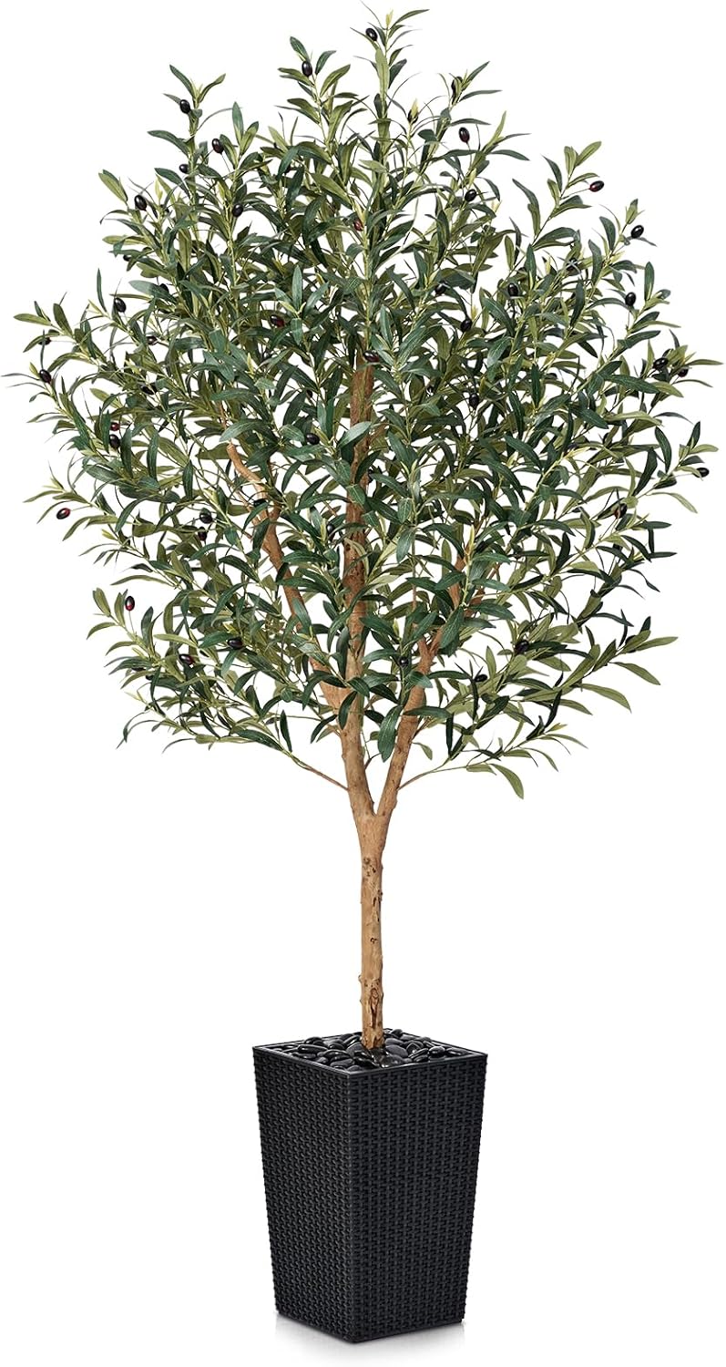 Artificial Olive Tree 6FT, Faux Olive Trees with Real Wood Trunk, UV Resistant Fake Plants in Planter & River Rocks, Indoor Tall Silk Plant for Home Living Room Office Outdoor Decor, VN133