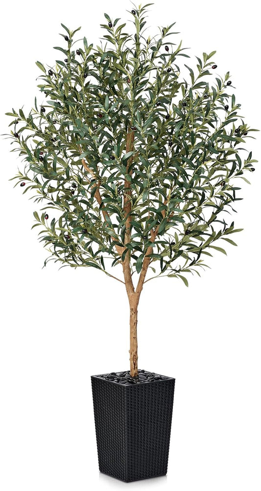 Artificial Olive Tree 6FT, Faux Olive Trees with Real Wood Trunk, UV Resistant Fake Plants in Planter & River Rocks, Indoor Tall Silk Plant for Home Living Room Office Outdoor Decor, VN133