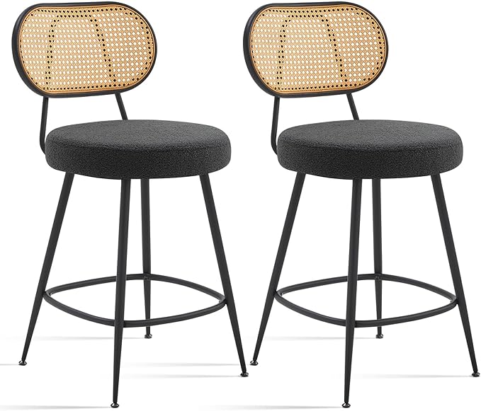 26" Rattan Barstools Set of 2, Counter Height Bar Chair with Black Metal Legs, Modern Armless Sherpa Pub Chair, Adjustable Feetpads Stools for Home Counter, Kitchen Dining Island, Cafe(Black)