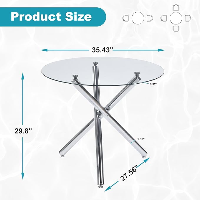 Kitchen Table Classic Dining Table for 4 Round Glass Dining Table 35.43" Kitchen & Dining Room Tables with Metal Legs and Glass Tabletop for Dining Room and Apartment, Silver