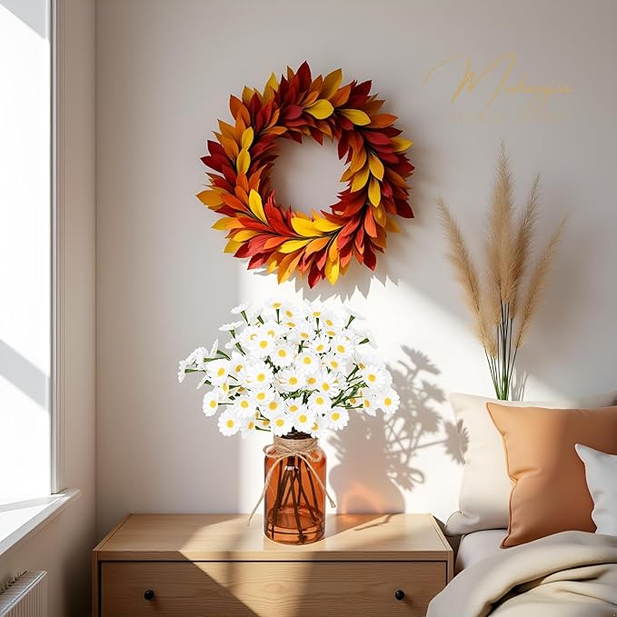 Artificial Daisy Flowers in Amber Glass Vase with Faux Water,9Pcs White Artificial Silk Flowers with Stems for Centerpiece (Daisy)