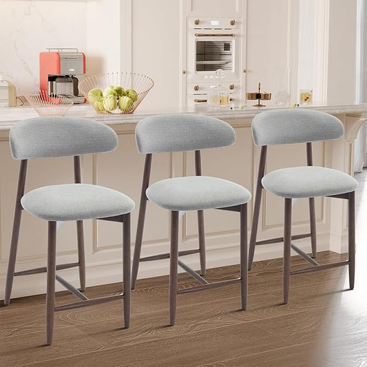 Upholstered Counter Height Bar Stools Set of 3, Kitchen Island Stools with Back, Modern Counter Stools Island Bar Chairs with Wood Legs for Kitchen Island Dining Room Bar, Light Grey