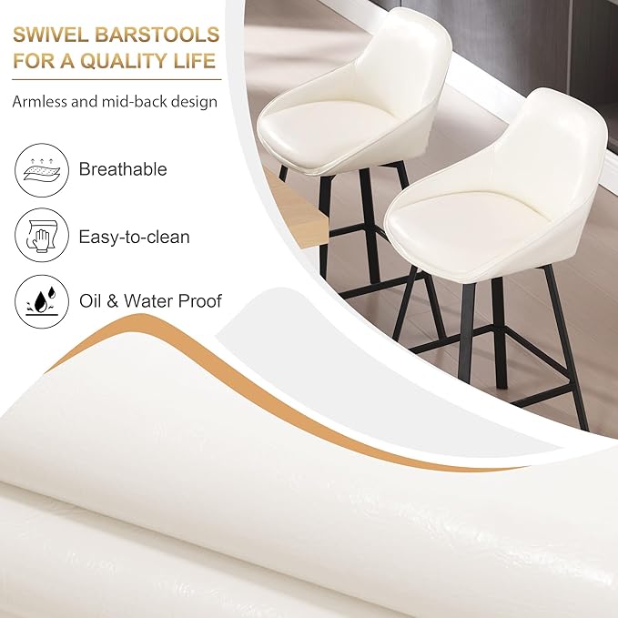 Zesthouse Swivel Counter Height Stools Set of 2, Modern Upholstered Barstools with Backs, 26'' Faux Leather High Chairs for Island Kitchen, Counter Height Chairs with Metal Legs, White