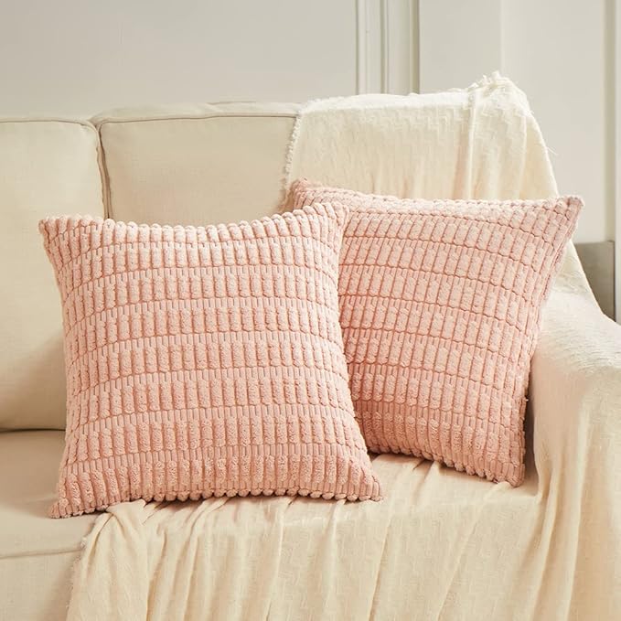 Fancy Homi 2 Packs Blush Pink Decorative Throw Pillow Covers 18x18 Inch for Living Room Couch Bed Sofa, Soft Striped Corduroy Square Cushion Case 45x45 cm, Rustic Farmhouse Boho Home Decor