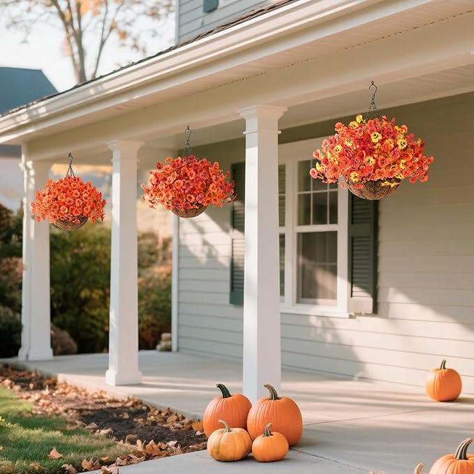 Artificial Fall Flowers for Outdoor, 12 Bundles Faux Pansy Fake Mums Flowers Plants Outdoor Fall Decor, UV Resistant No Fade Silk Flower for Porch Planter Patio Yard Garden(Orange Autumn Sunset Red)