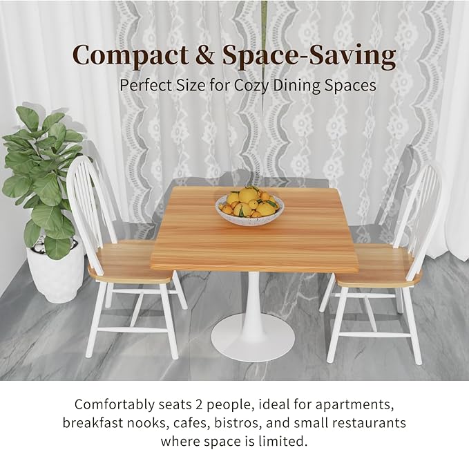 23.6" Square Small Dining Table for 2, Tulip Bistro Table with White Metal Pedestal Base, Modern Mid-Century Compact Kitchen Dining Piece for Home, Café, Restaurant, or Office