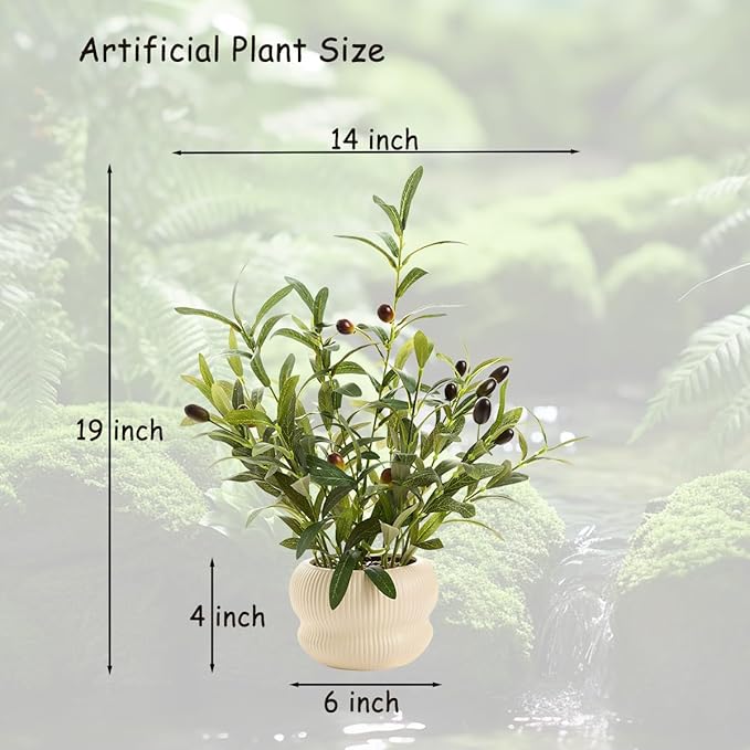 16 inch Fake Plants Indoor Greenery Leaf Faux Silk Olive Plant with Creamic Light Yellow Planter for Home Kitchen Office Hotel Housewarming Aesthetic Decoration