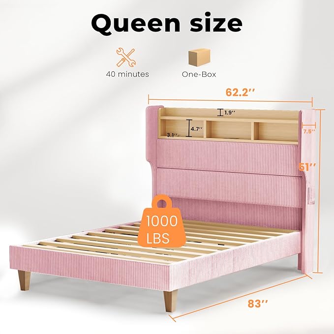Queen Size Bed Frame with 51" Tall Corduroy Wingback Headboard and Storage Shelf, Upholstered Platform Bed with LED Lights & Charging Station, No Box Spring Needed, Easy Assembly, Pink