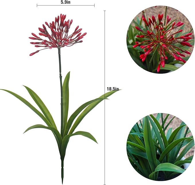 Artificial Flowers for Outdoors 18.9 in Large Fake Plants Outdoor Red Flower Agapanthus Spring Summer Decoration Outside for Front Porch Garden Window Box Decortion