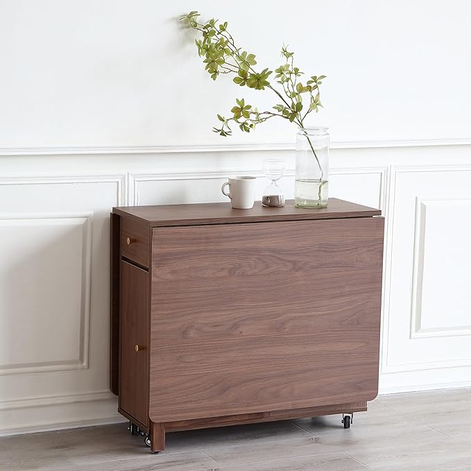 Extendable Drop Leaf Foldable Dining Table with 2 Drawers and 4 Wheels for Living Room Kitchen Farmhouse Space Saving Table in Walnut